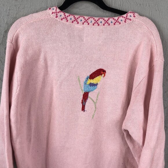 Storybook Sweater Womens 2X Plus Size Pink Parrots Tropical Cardigan Art to Wear - Picture 16 of 16